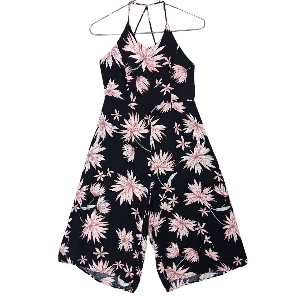Some Days Lovin Jumpsuit Halter Black and Pink Floral Print Size XS Side Zipper